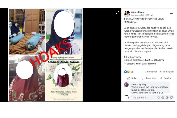 Tangkapan layar unggahan hoaks yang menyebut empat nakes meninggal akibat vaksin Covid-19