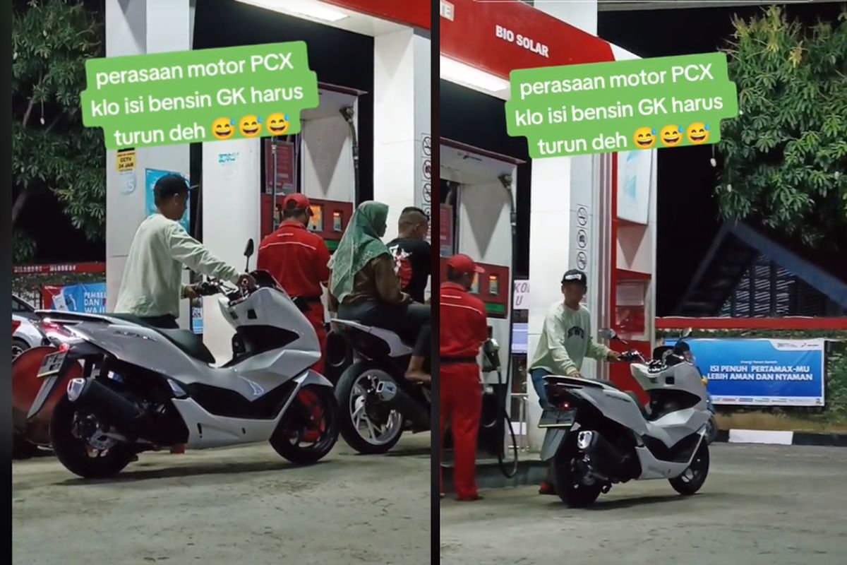 Tangkap layar video pengendara yang turun saat mengisi bensin padahal tangki motornya ada di depan.