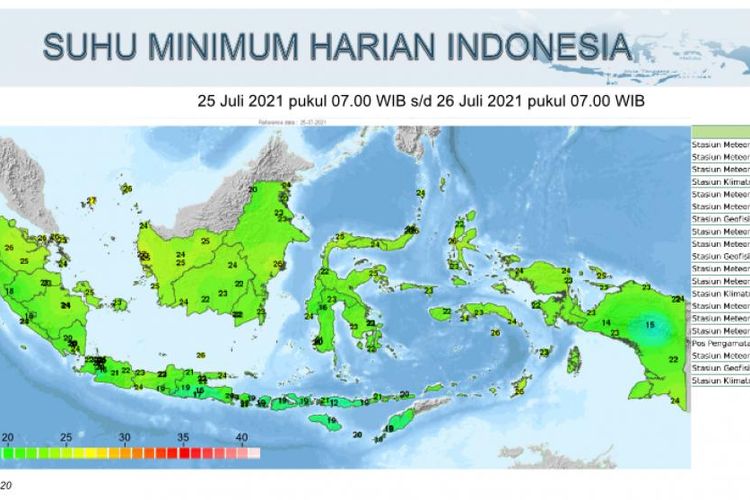 Peta sebaran suhu minimum harian di Indonesia dari BMKG, periode 25-26 Juli 2021