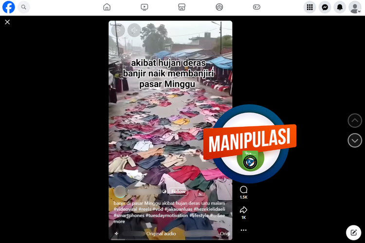 Tangkapan layar konten manipulatif di sebuah akun Facebook, mengenai video banjir di Pasar Minggu, Jakarta Selatan pada minggu kedua September 2025.