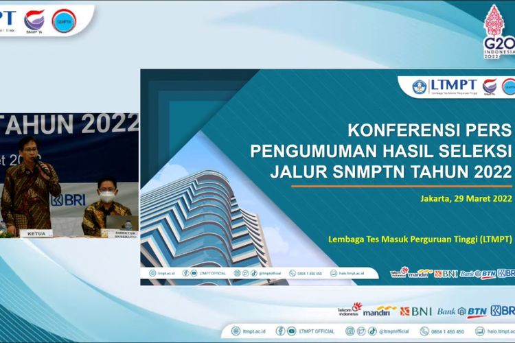 Ketua LTMPT 2022 Prof. Mochamad Ashari menjelaskan PTN penerima SNMPTN terbanyak 2022. Hal itu diungkapkan pada Konferensi Pers Pengumuman Hasil Seleksi Jalur SNMPTN 2022 secara daring, Selasa (29/3/2022).