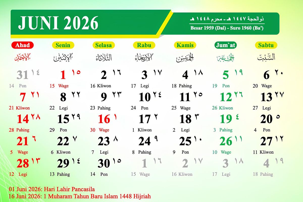 Ini Daftar Tanggal Merah Juni 2026, Ada Dua Hari Libur Nasional