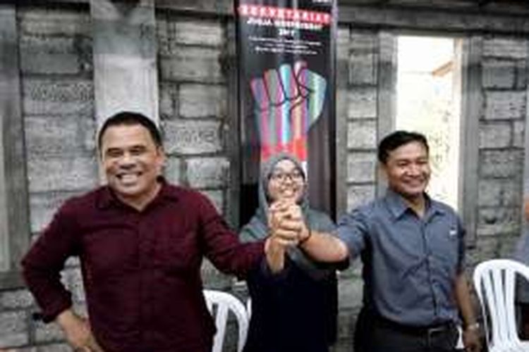 Garin Nugroho, Emmy Yuniarti Rusadi dan Rommy Heryanto usai pengumuman Bakal Calon Walikota Jogja Independent (JOINT) yang lolos pra Konvensi.