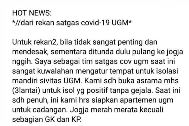 Status Facebook tidak benar mengenai tempat isolasi di UGM, Yogyakarta, penuh.