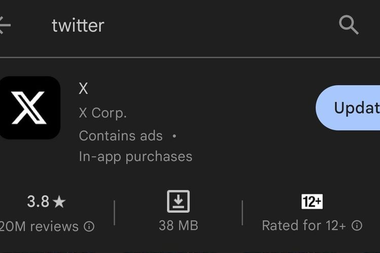 Nama aplikasi Twitter yang berganti jadi X di Play Store HP Android.