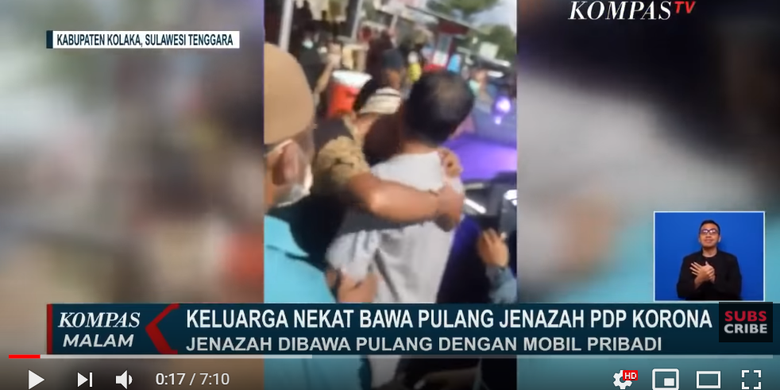 Video keluarga membawa jenazah seorang perempuan yang berstatus Pasien Dalam Pengawasan covid-19 di Kabupaten Kolaka, Sulawesi Tenggara (Sultra).