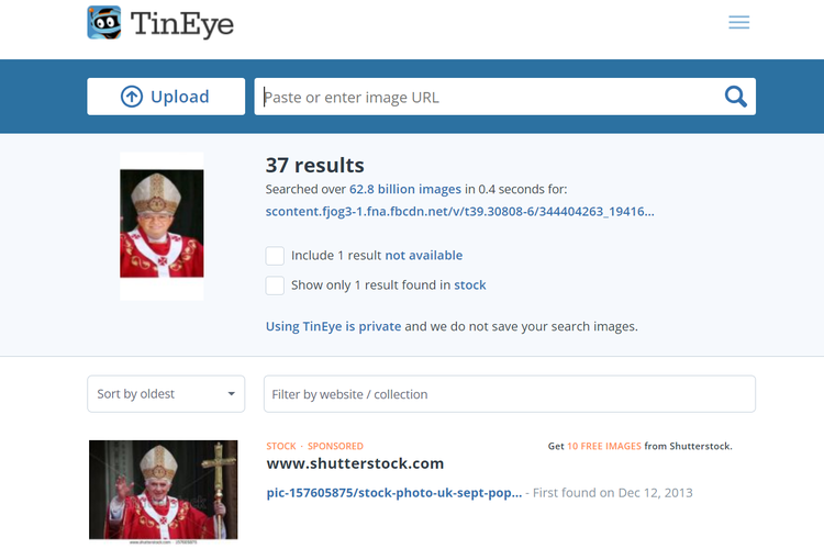 Tangkapan layar pencarian gambar di TinEye, menampilkan foto Paus Benediktus XVI.