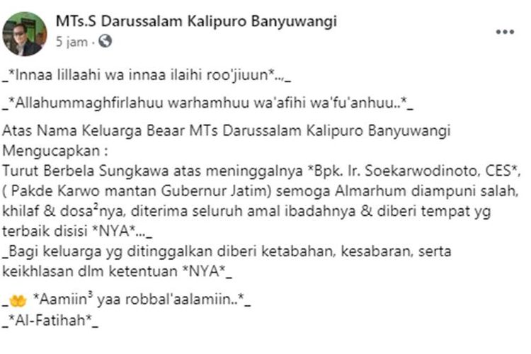 Tangkapan layar unggahan hoaks yang menyebut mantan Gubernur Jawa Timur Soekarwo meninggal dunia.