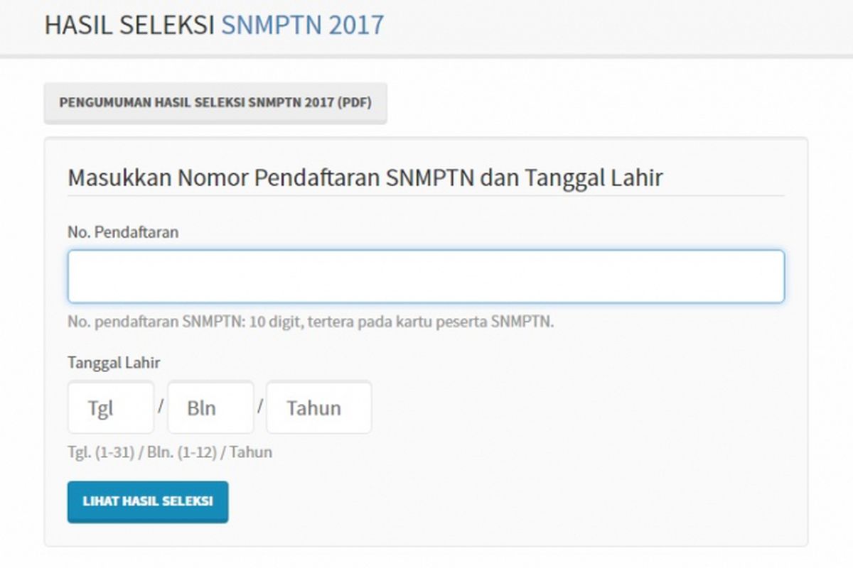 Laman resmi pengumuman SNMPTN 2017.