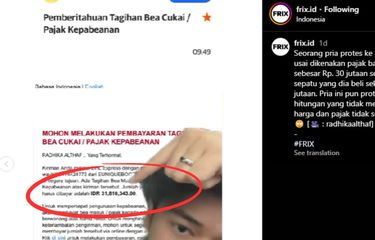 Tangkapan layar video warganet yang mempertanyakan bea masuk sebesar Rp 31 juta atas sepatu seharga Rp 10 juta.