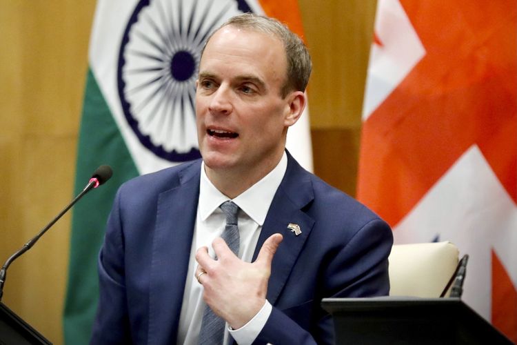 Menteri Luar Negeri Inggris Dominic Raab, saat konferensi pers usai pertemuan di New Delhi, India, pada 15 Desember 2020.