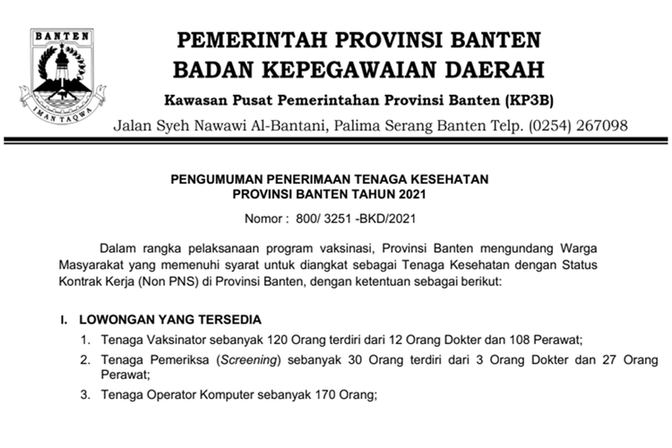 Penerimaan tenaga kesehatan di Provinsi Banten.