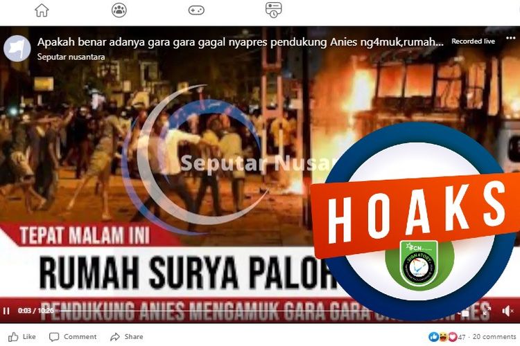 Tangkapan layar Facebook narasi yang menyebut bahwa rumah Surya Paloh dikepung pendukung Anies Baswedan