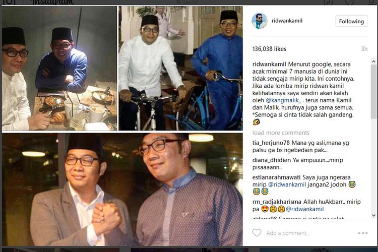 Wali Kota Bandung Ridwan Kamil (baju biru dan kanan bawah) berpose bersama Malik, seseorang yang mirip dengannya.
