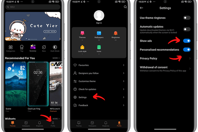 Cara nonaktifkan iklan di aplikasi MIUI Themes pada ponsel Xiaomi berbasis MIUI 13.
