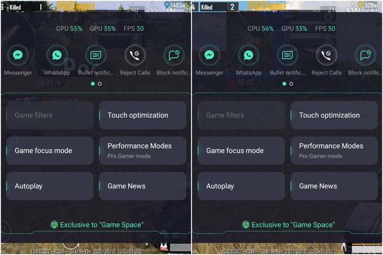 PUBG Mobile di Oppo Reno6 dalam mode performa Pro Gamer Mode.