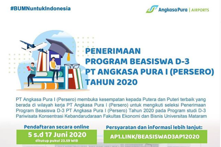 Beasiswa D3 Angkasa Pura I 2020, Kuliah Gratis Dapat Uang Saku