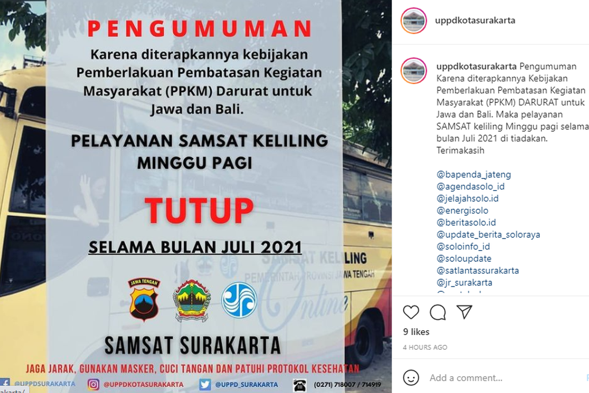 Pengumuman Samsat Keliling Solo terkait PPKM Darurat Jawa-Bali