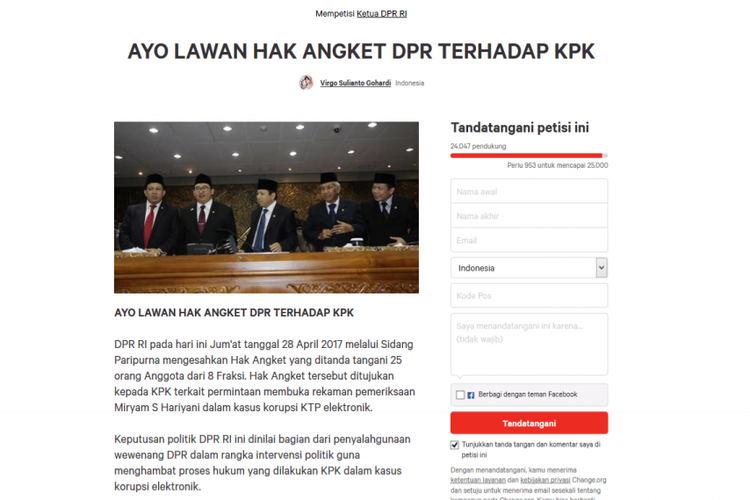 Petisi publik atas hak angket terhadap KPK