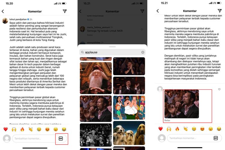Ilustrasi cara komentar GIF di Instagram.