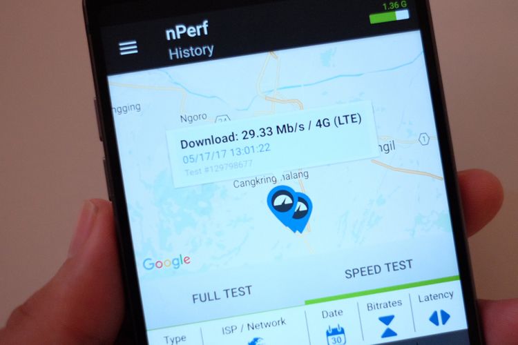 Aplikasi Nperf menunjukkan kecepatan internet Telkomsel di Pandaan, Pasuruan mencapai 29,33 Mbps.