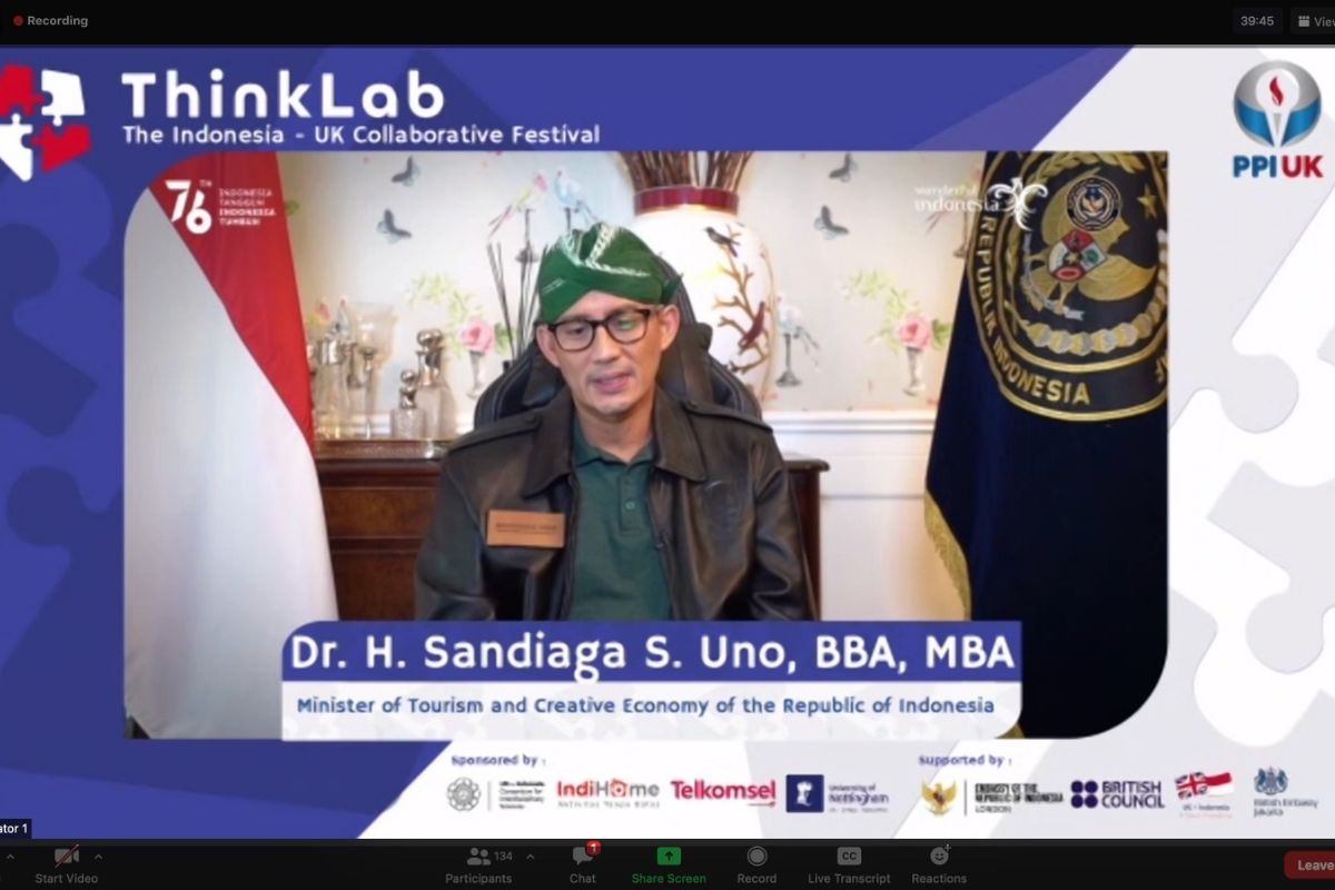 Sandiaga Uno, Kemenparekraf dalam forum diskusi virtual ThinkLab Festival 2021 mengangkat tajuk ?Reshaping Indonesia-UK Future Collaboration from Local to Global and Beyond?, yang digelar KBRI London dan PPI UK pada 13-14 Agustus 2021.