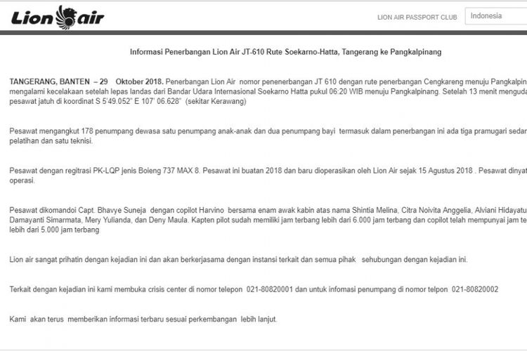 Pengumuman yang dikeluarkan oleh pihak perusahaan melalui laman web, pasca kecelakaan yang terjadi pada peaswan Lion Air JT610, Senin (29/10/2018).