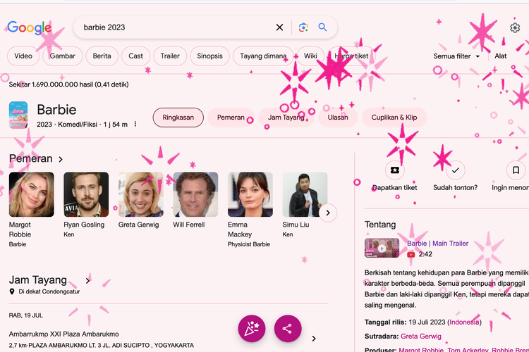Bintang pink yang muncul di Google saat cari film Barbie 2023. Bintang pink akan semakin banyak jika ikon terompet diklik.
