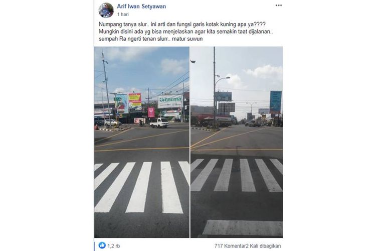 Seorang pemilik akun Facebook menanyakan soal arti dan fungsi garis kotak kuning yang berada di tengah-tengah persimpangan lampu merah.