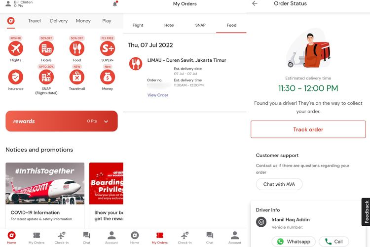 Cara memesan makanan di aplikasi AirAsia. Dalam gambar ini, pengguna bisa mengecek sudah sampai mana pesanan makanan mereka.