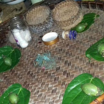 Lima daun sirih dan lima butir buah pinang sebagai simbol adat saat dilangsungkan ritual Peting Ghan Nalun Weru Kampung Munde, Desa Komba, Kecamatan Kota Komba, Manggarai Timur, Flores, Nusa Tenggara Timur, Selasa (3/4/2018). 