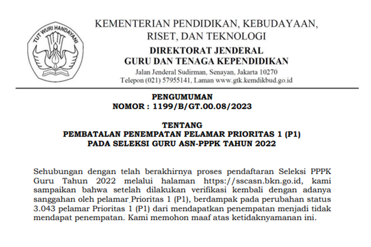 Kementerian Pendidikan, Kebudayaan, Riset, dan Teknologi (Kemendikbud Ristek) mengumumkan bahwa 3.043 pelamar prioritas 1 seleksi Pegawai Pemerintah dengan Perjanjian Kerja atau PPPK Guru 2022 dibatalkan penempatannya.