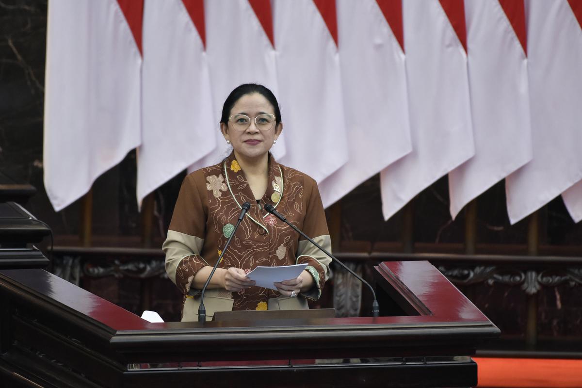 Ketua DPR RI Puan Maharani dalam pidato pada Inaugural Session of The 19th Session of The PUIC Conference yang digelar di Ruang Paripurna, Gedung Nusantara, Senayan, Jakarta, Rabu (14/5/2025). Foto: Munchen/Andri