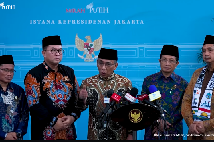 Ketua Umum PBNU Yahya Cholil Staquf memberikan penjelasan usai pertemuan Presiden Prabowo dengan sejumlah elite ormas Islam, 4 Februari 2026.