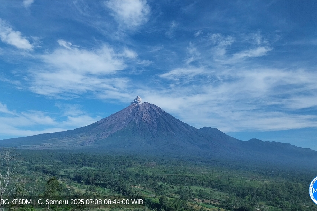 Visual erupsi Gunung Semeru dengan letusan setinggi 600 meter, Selasa (8/7/2025).
