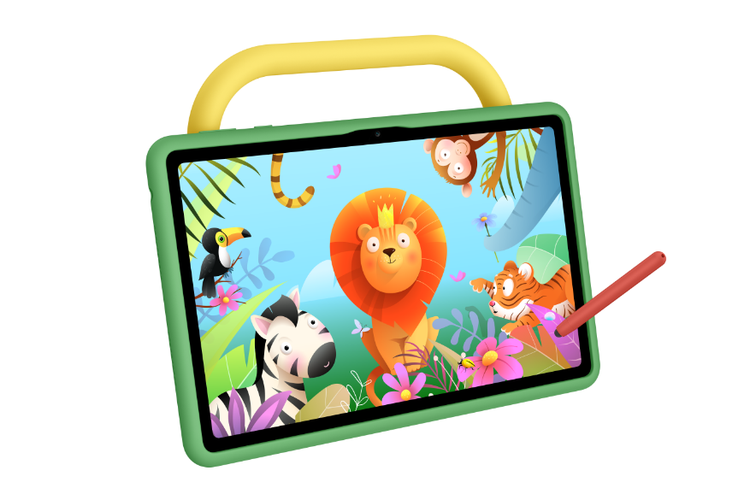 Ilustrasi case dan handle serta stylus di Huawei MatePad SE Kids Edition.