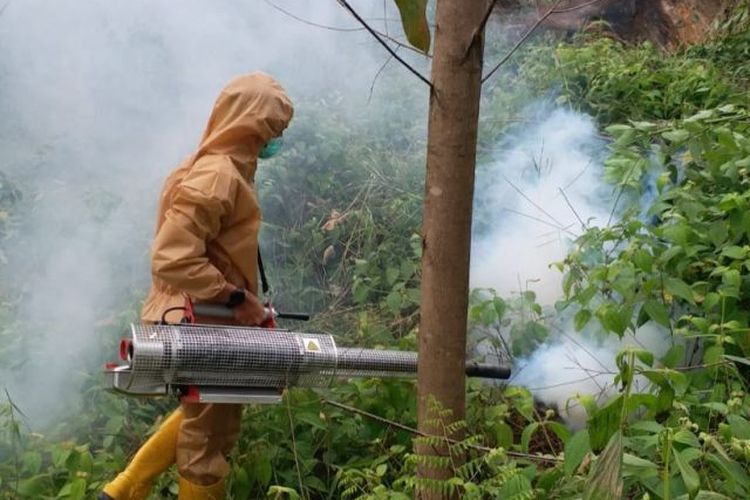 Petugas kesehatan Kabupaten PPU sedang melakukan fogging focus untuk membunuh'nyamuk malaria dewasa, di kawasan IKN Nusantara, jelang kemah Presiden Jokowi. Fogging dilakukan H-5 hingga H-2. 