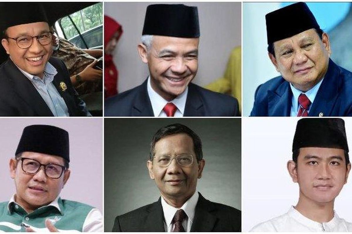 Capres-Cawapres 2024 - Atas: Anies Baswedan, Ganjar Pranowo, Prabowo Subianto. Bawah: Muhaimin Iskandar, Mahfud MD, Gibran Rakabuming Raka.