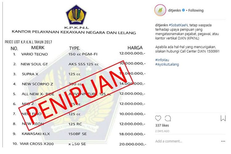 Penipuan yang mengatasnamakan lelang KPKNL Kemenkeu.