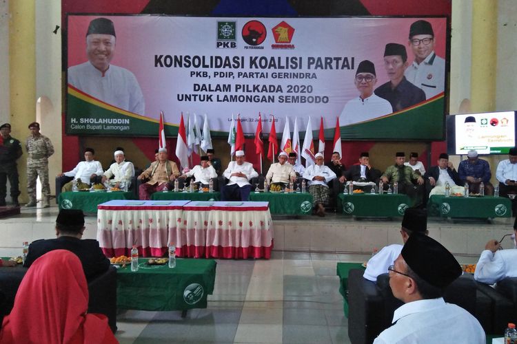 Suasana konsolidasi koalisi DPC PDIP Lamongan, DPC PKB Lamongan, dan DPC Gerindra Lamongan, yang digelar di Gedung Korpri Lamongan, Rabu (22/1/2020).