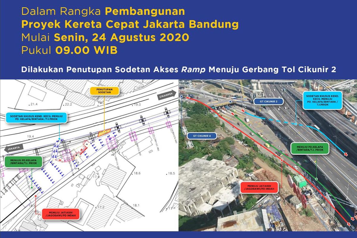 Pekerjaan Pier Proyek KCIC pada Ramp Gerbang Tol Cikunir 2 kembali dilakukan mulai Senin (24/8/2020).
