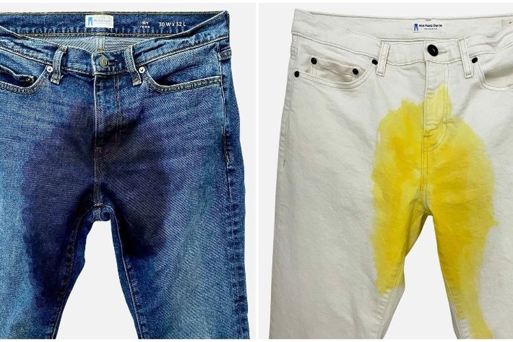 Celana jins dengan motif ompol atau ketumpahan cairan ini dibuat perusahaan asal Amerika Serikat, Wet Pants Denim, dengan harga 75 dollar AS (Rp 1 juta).