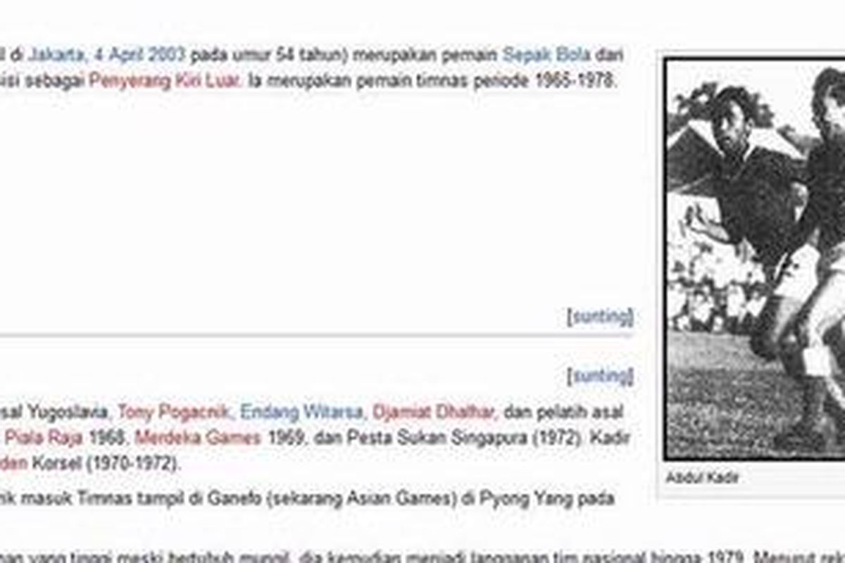 Gambar pemain legendaris sepak bola Indonesia, Abdul Kadir, seperti ditayangkan oleh Wikipedia.