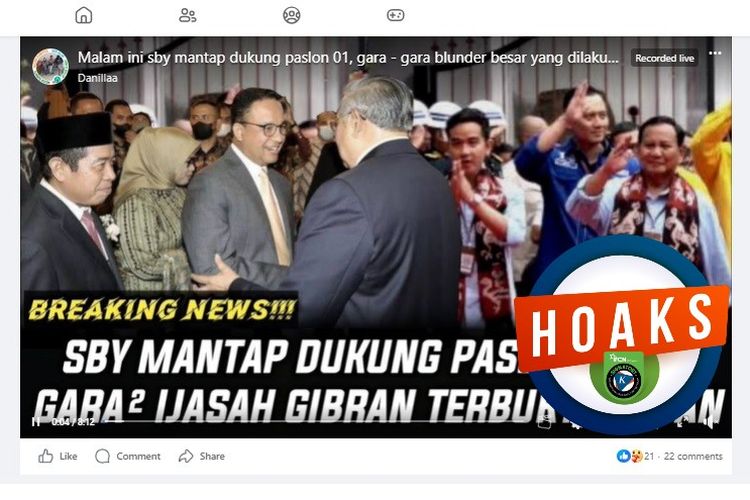 Tangkapan layar Faceboook narasi yang menyebut SBY mantap mendukung Anies Baswedan