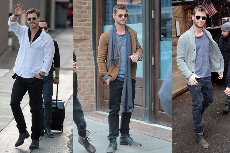 Chris Hemsworth dengan gaya busana berlapis