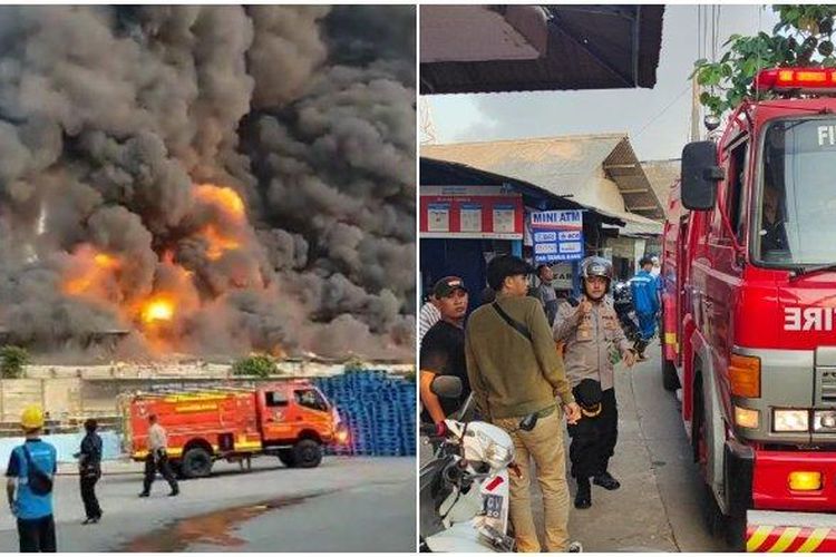 Sebuah pabrik alumunium foil di Gunungputri, Kabupaten Bogor, ludes terbakar. Puluhan unit pemadam kebakaran diterjunkan ke lokasi, Jumat (19/8/2022) 

