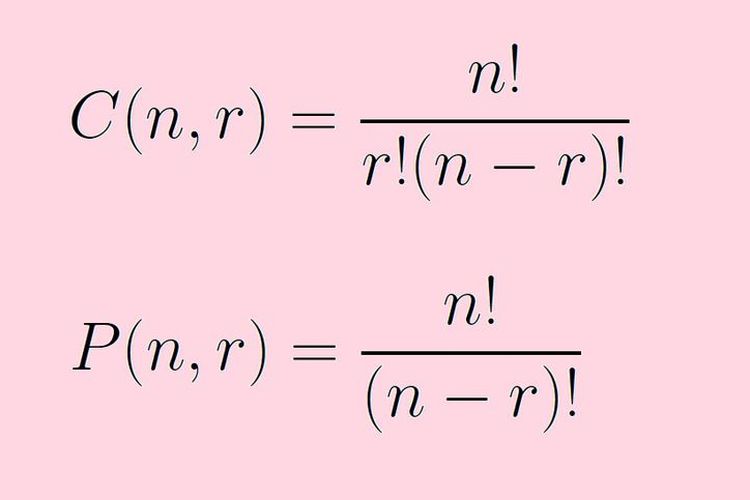Dua persamaan kombinasi (atas) dan permutasi (bawah). Yang masing-masing digunakan dalam kombinatorika.