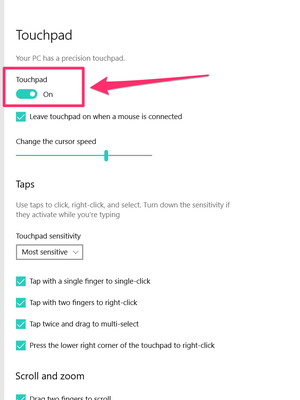 Untuk menyetel gestur kustom di touchpad, pastikan tombl toggle dalam keadaan on.