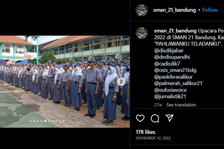 Tangkap layar suasana SMA 21 Bandung yang tunda study tour  murid kelas 11 setelah uang pembayaran jasa perjalanan dibawa kabur. (Instagram/@sman_21_bandung)