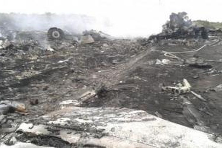 Foto lokasi jatuhnya pesawat Malaysia Airlines MH17 di Ukraina, Kamis (17/7/2014).